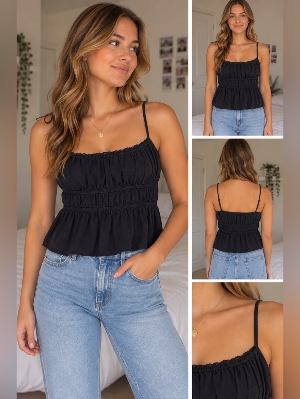 Cotton On Black Ruched Spaghetti Strap Camisole